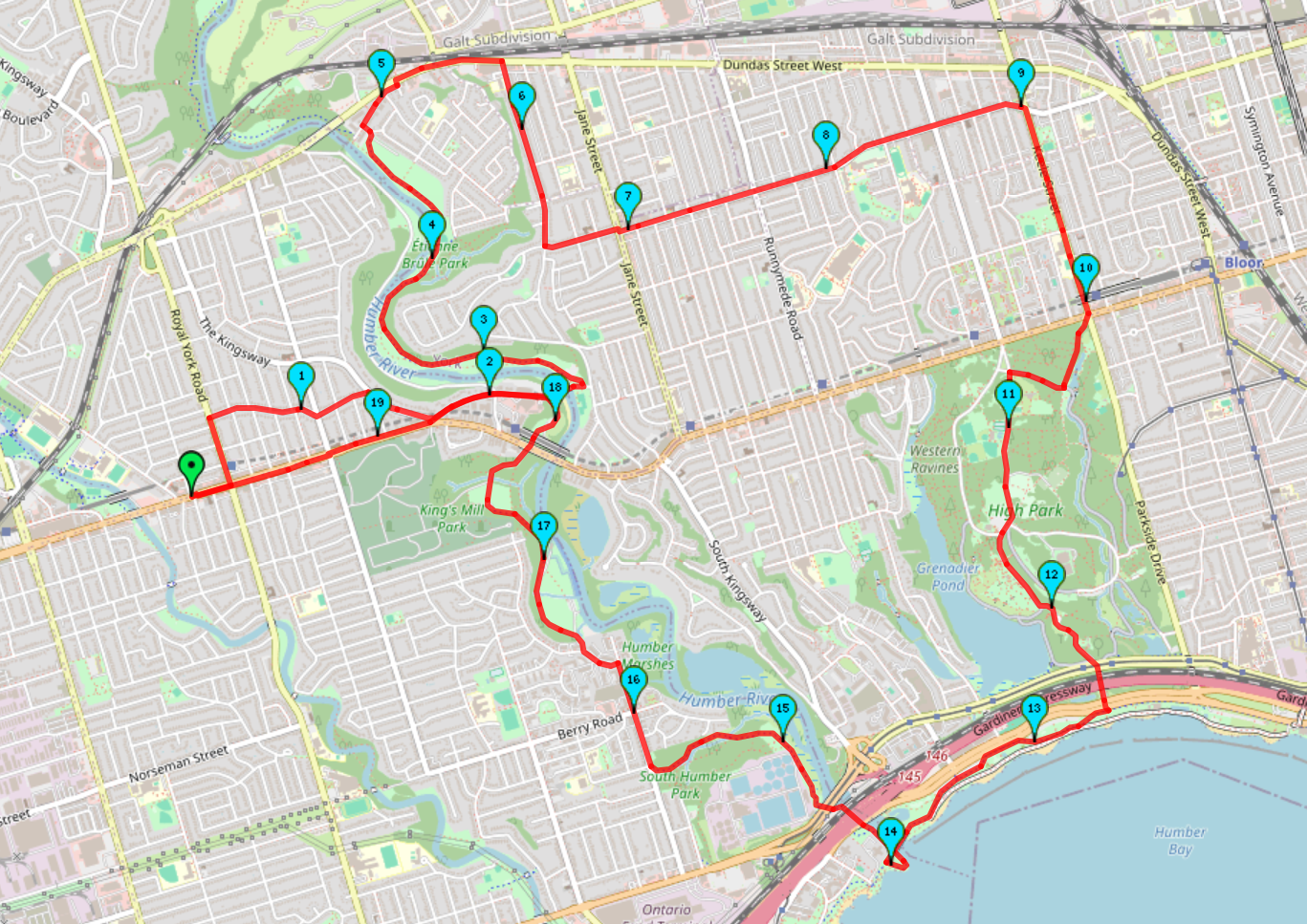 Humber Valley Trails via High Park 20 km route map